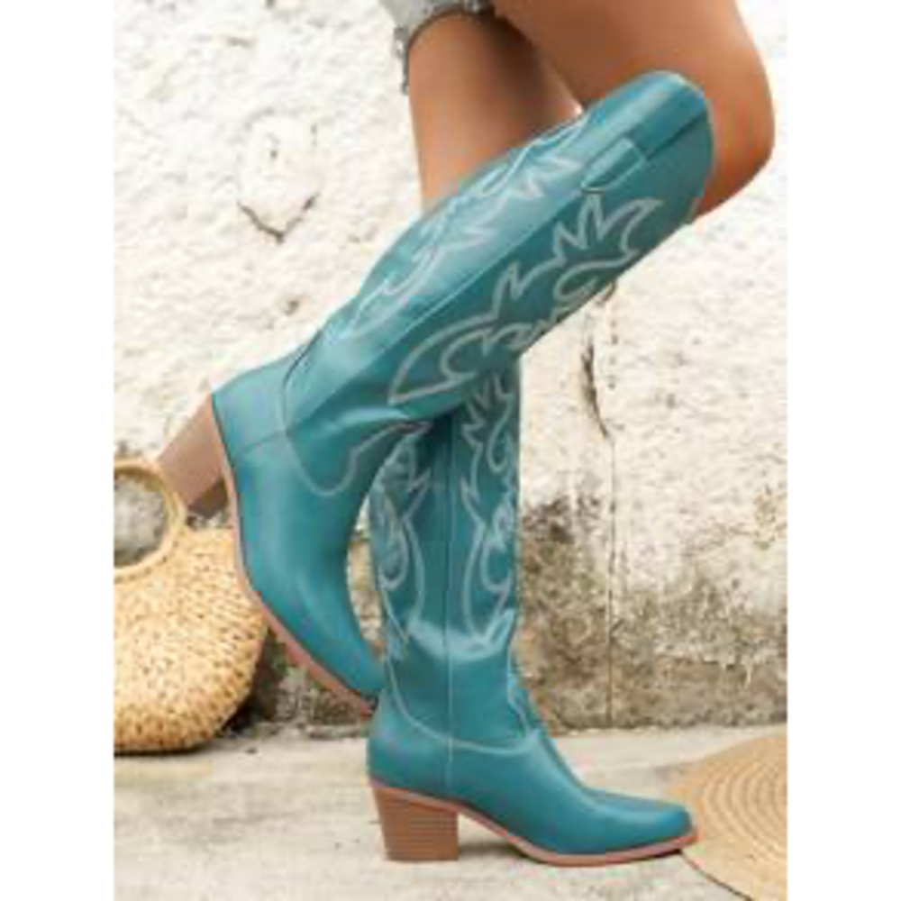 SHEIN New Fashion Vacation Pointed Toe Chunky Heel Embroidered Western Cowgirl B - Picture 1 of 2